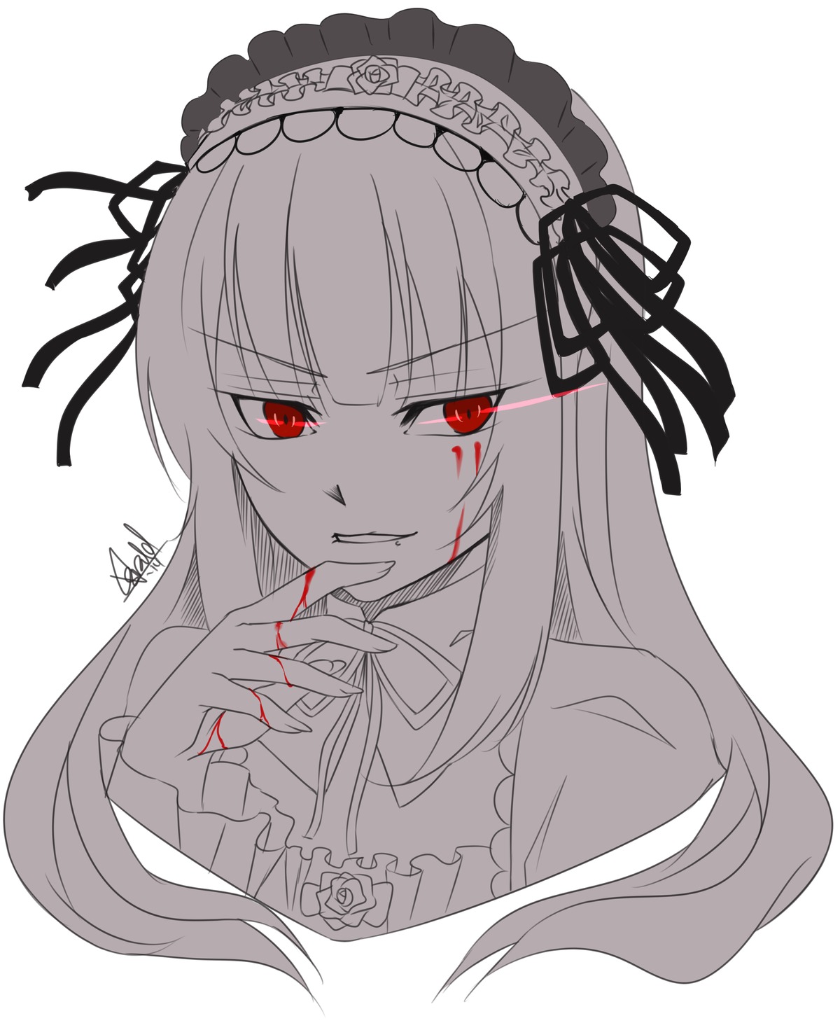 1girl bangs black_ribbon blood bloody_hands dress eyebrows_visible_through_hair flower hairband image long_hair looking_at_viewer red_eyes ribbon rose simple_background smile solo striped suigintou white_background