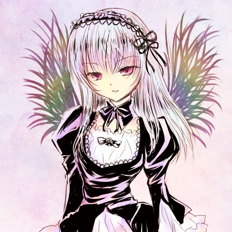 1girl black_dress detached_collar dress flower frills hairband image juliet_sleeves long_hair long_sleeves looking_at_viewer pink_eyes plant puffy_sleeves silver_hair solo suigintou