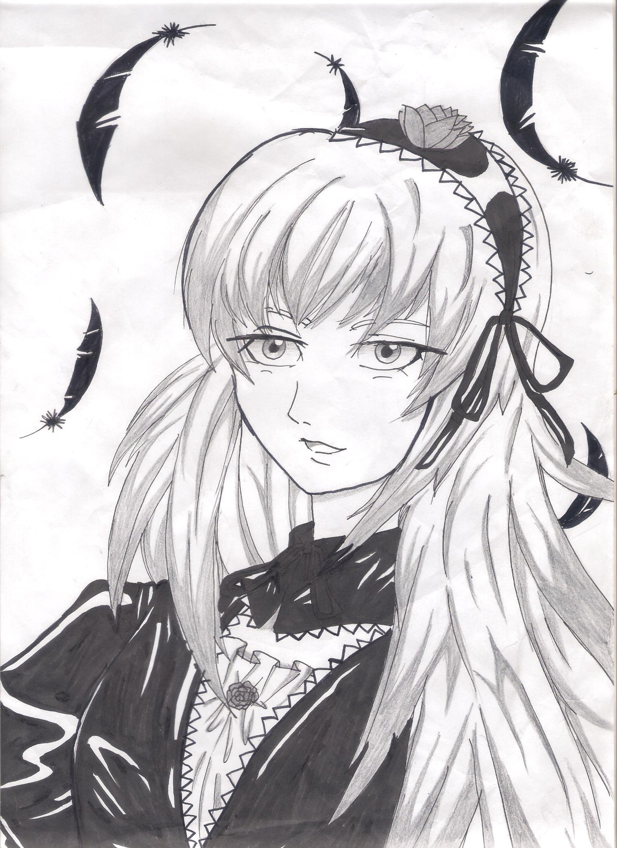 1girl black_feathers dress feathers flower frills greyscale hairband image long_hair long_sleeves looking_at_viewer monochrome ribbon rose solo suigintou upper_body
