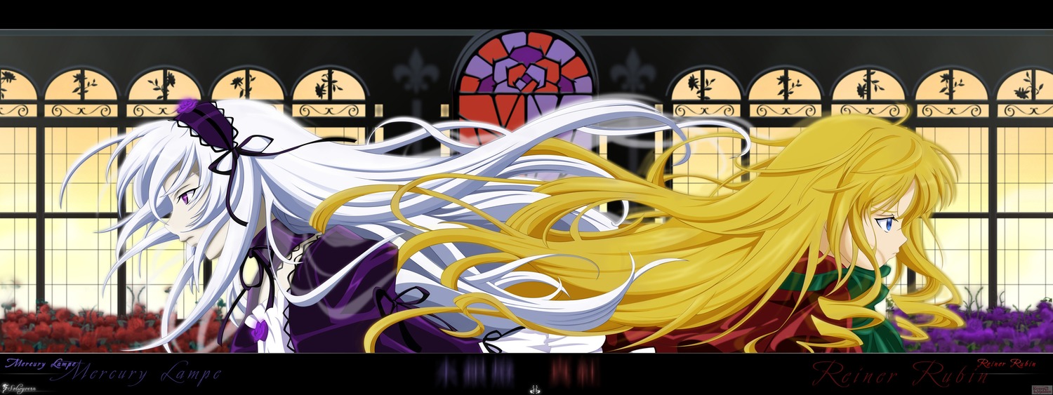 2girls absurdres blonde_hair blue_eyes copyright_name dress flower hairband highres image letterboxed long_hair multiple_girls pair purple_eyes ribbon rose rozen_maiden shinku solwyvern suigintou vector_trace very_long_hair wide_image