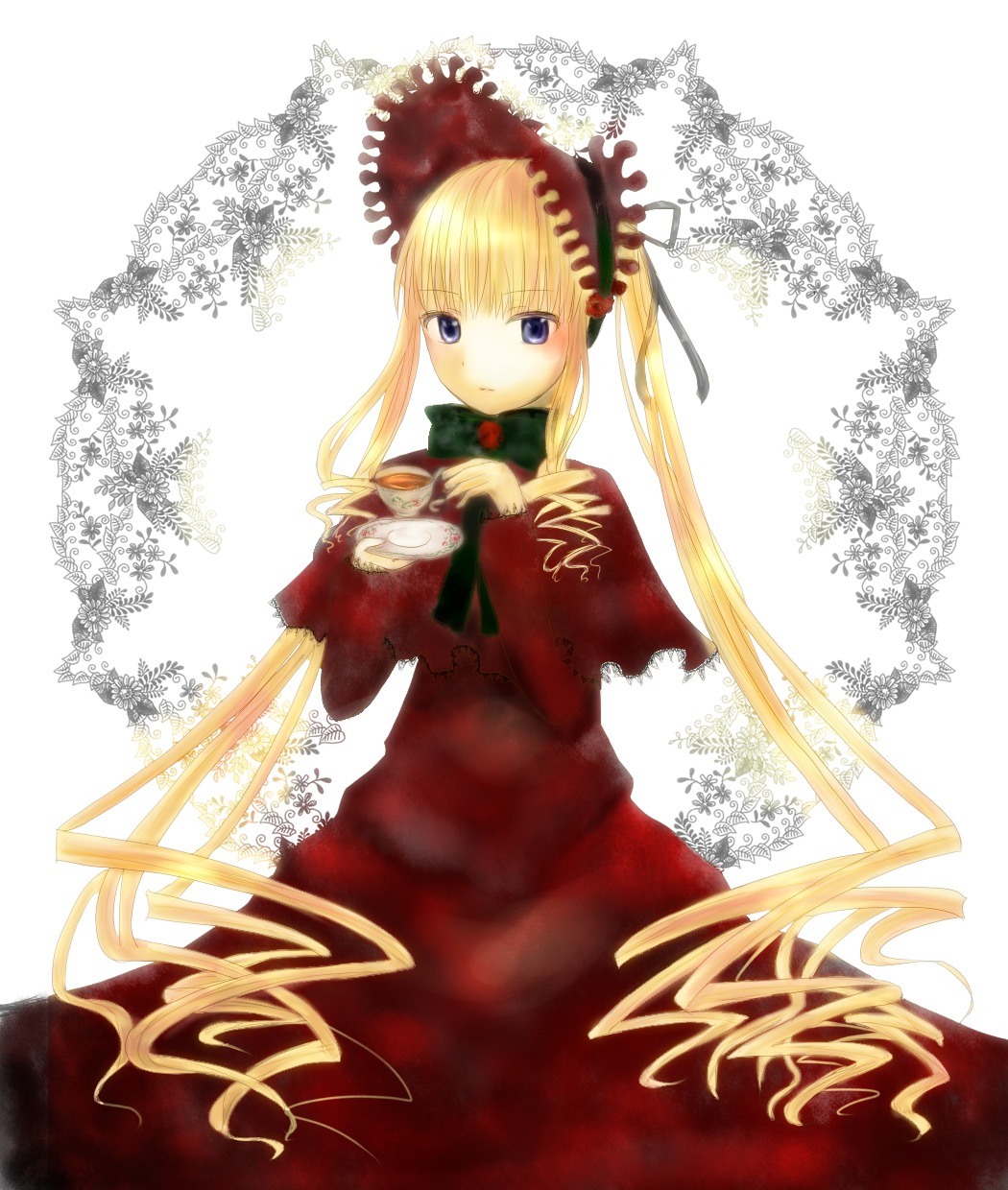 1girl blonde_hair blue_eyes bonnet bow bowtie capelet dress green_bow image long_hair long_sleeves looking_at_viewer red_dress shinku sidelocks solo twintails very_long_hair white_background