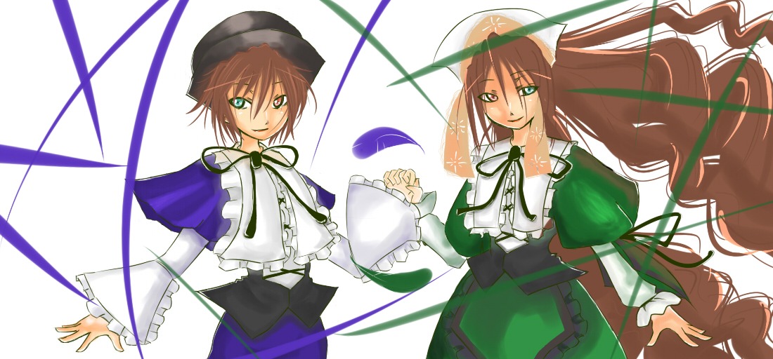 blue_dress brown_hair capelet dress frills green_dress green_eyes hat head_scarf heterochromia image long_hair long_sleeves looking_at_viewer multiple_girls pair short_hair siblings simple_background sisters smile souseiseki suiseiseki top_hat twins very_long_hair white_background