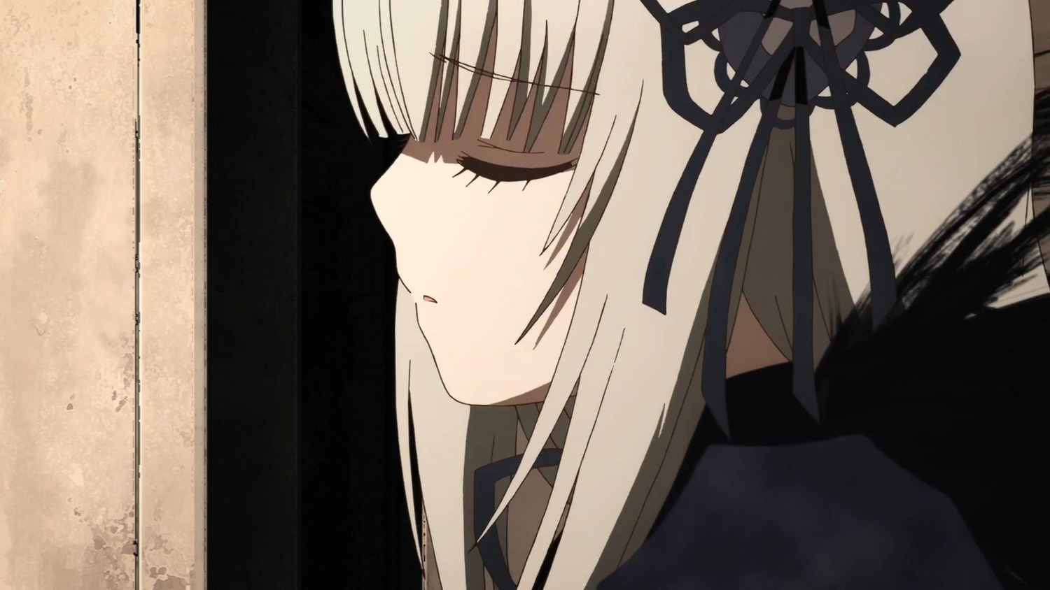 1girl bangs black_dress black_ribbon blush closed_eyes eyebrows_visible_through_hair face from_side hair_ribbon image long_hair parted_lips profile ribbon solo suigintou