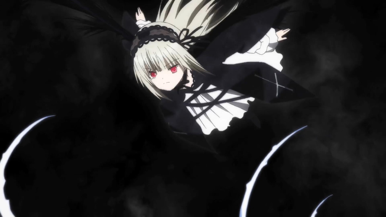 1girl black_ribbon black_wings dress frills hairband image lolita_hairband long_hair long_sleeves looking_at_viewer red_eyes ribbon solo suigintou wings