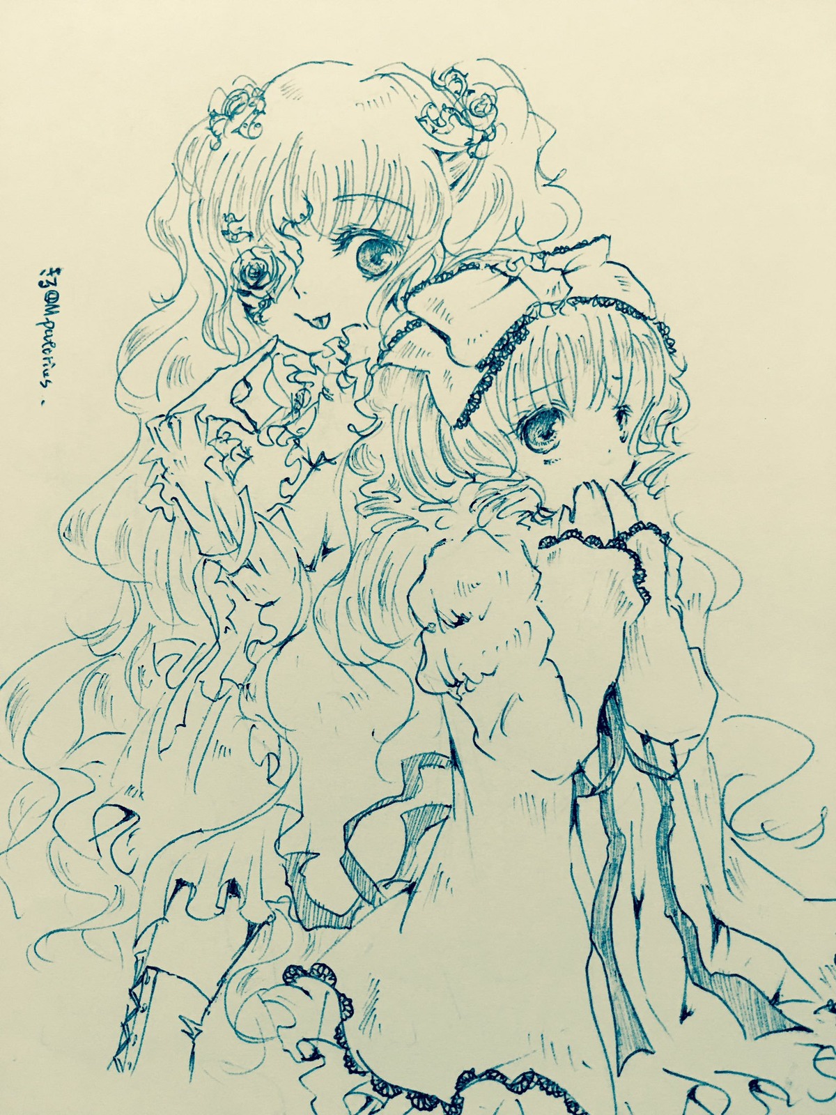 2girls bow dress hair_bow hair_ornament hakurei_reimu hinaichigo image kirakishou long_hair monochrome multiple_girls pair smile tongue tongue_out traditional_media