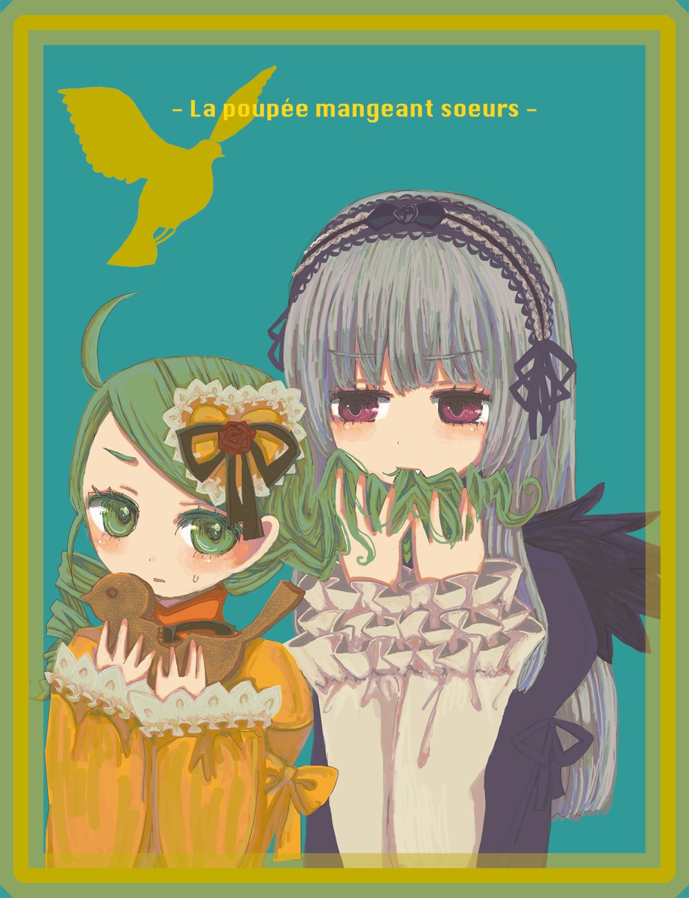 2girls ahoge bird black_wings blush covering_mouth frills green_eyes green_hair hairband image kanaria long_hair long_sleeves multiple_girls pair simple_background suigintou wings