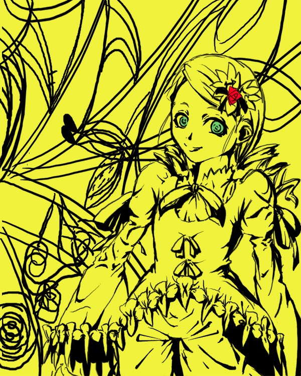 1girl bug butterfly dress flower hair_ornament heart image insect kanaria long_hair monochrome puffy_sleeves ribbon rose smile solo yellow_background yellow_theme