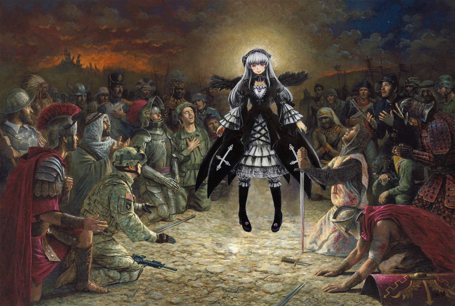 6+boys 6+girls armor cape dress eyepatch facial_hair frills hat holding image instrument lolita_fashion long_hair mask multiple_boys multiple_girls smile solo standing suigintou sword thighhighs top_hat weapon