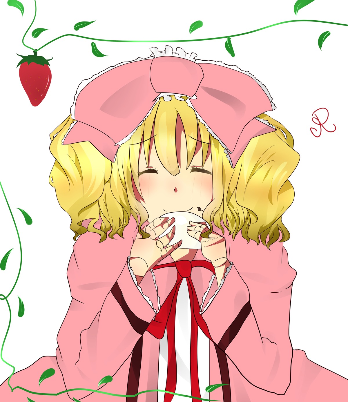 1girl ^_^ blonde_hair blush bow closed_eyes eating falling_leaves food food_on_face fruit hina_ichigo hinaichigo holding_food holding_fruit image leaf long_sleeves pink_bow ribbon solo strawberry striped striped_background upper_body