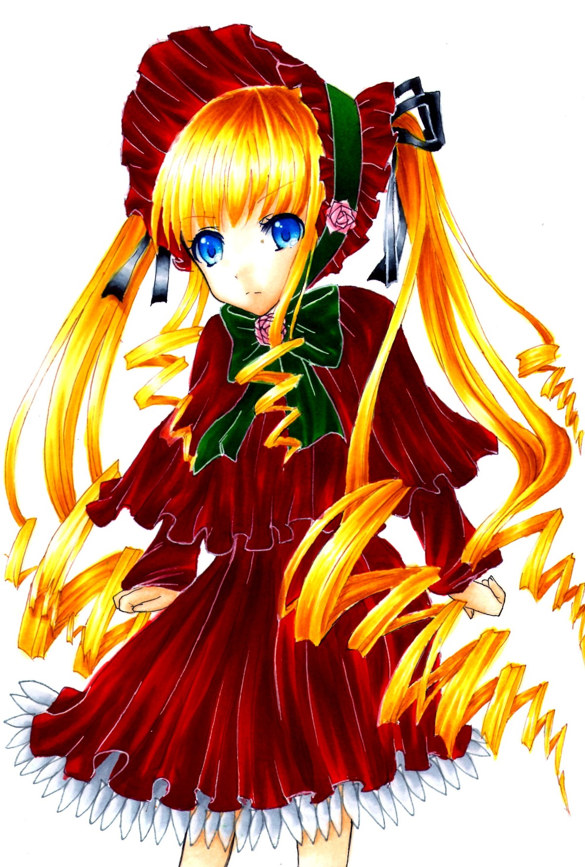 1girl blonde_hair blue_eyes bonnet bow bowtie capelet dress drill_hair frills green_bow green_neckwear image long_hair long_sleeves looking_at_viewer red_dress shinku simple_background solo standing twintails very_long_hair white_background