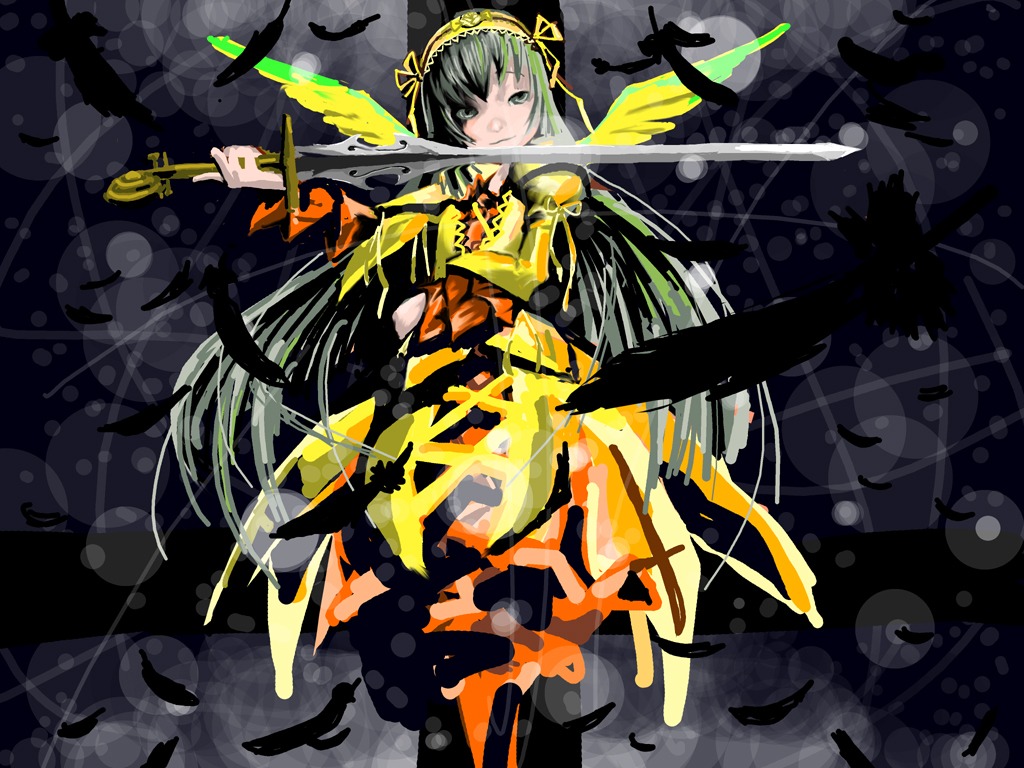 1girl feathers grey_eyes holding holding_weapon image kanaria long_hair solo weapon wings