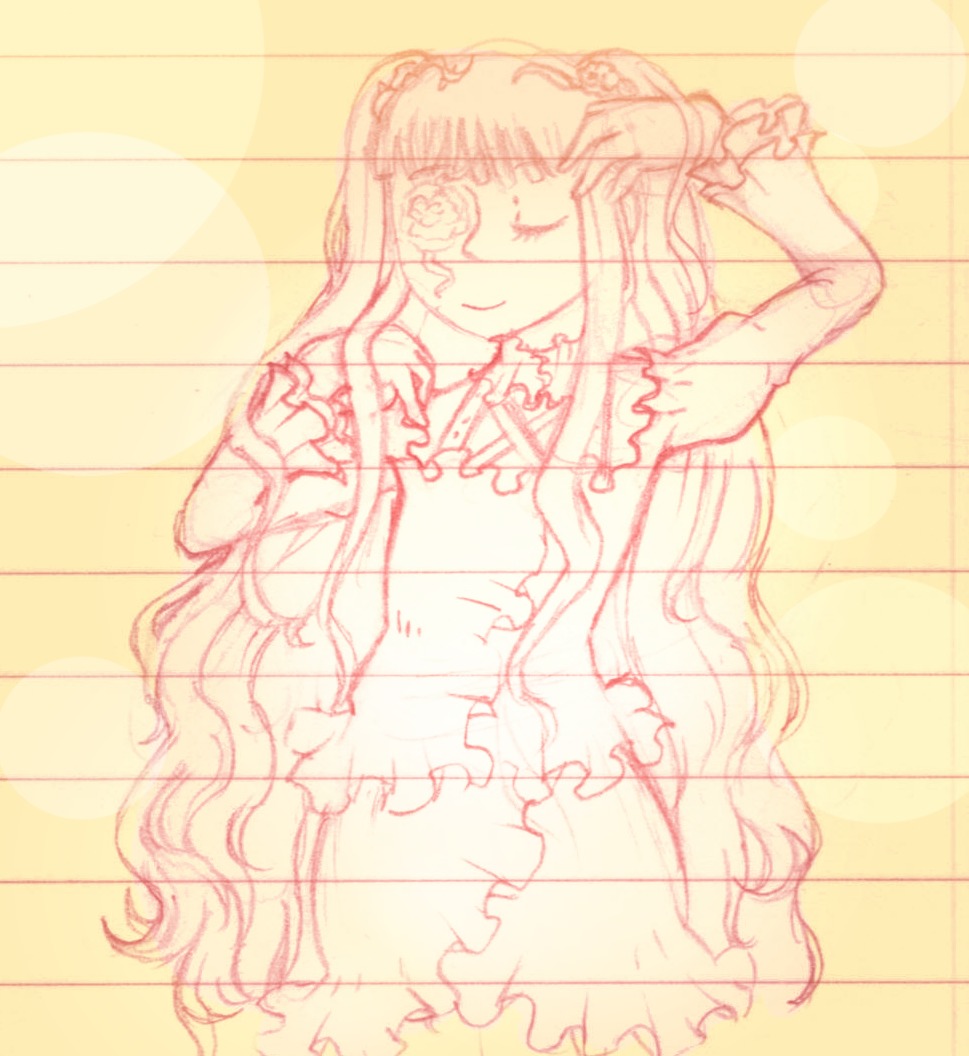 1girl dress frills image kirakishou lineart long_hair looking_at_viewer monochrome sketch smile solo string