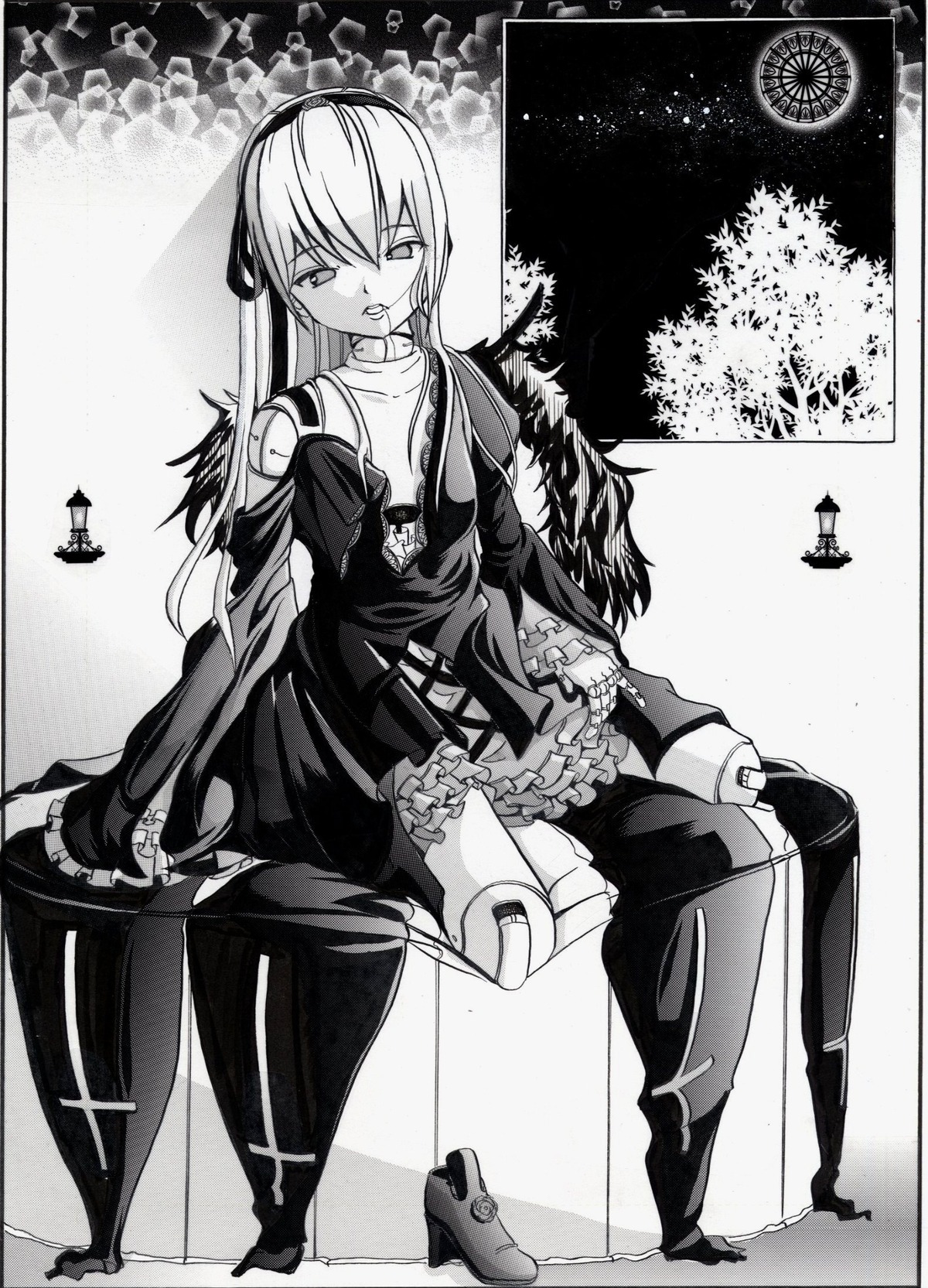 1girl doll_joints dress greyscale image joints long_hair looking_at_viewer monochrome sitting solo suigintou