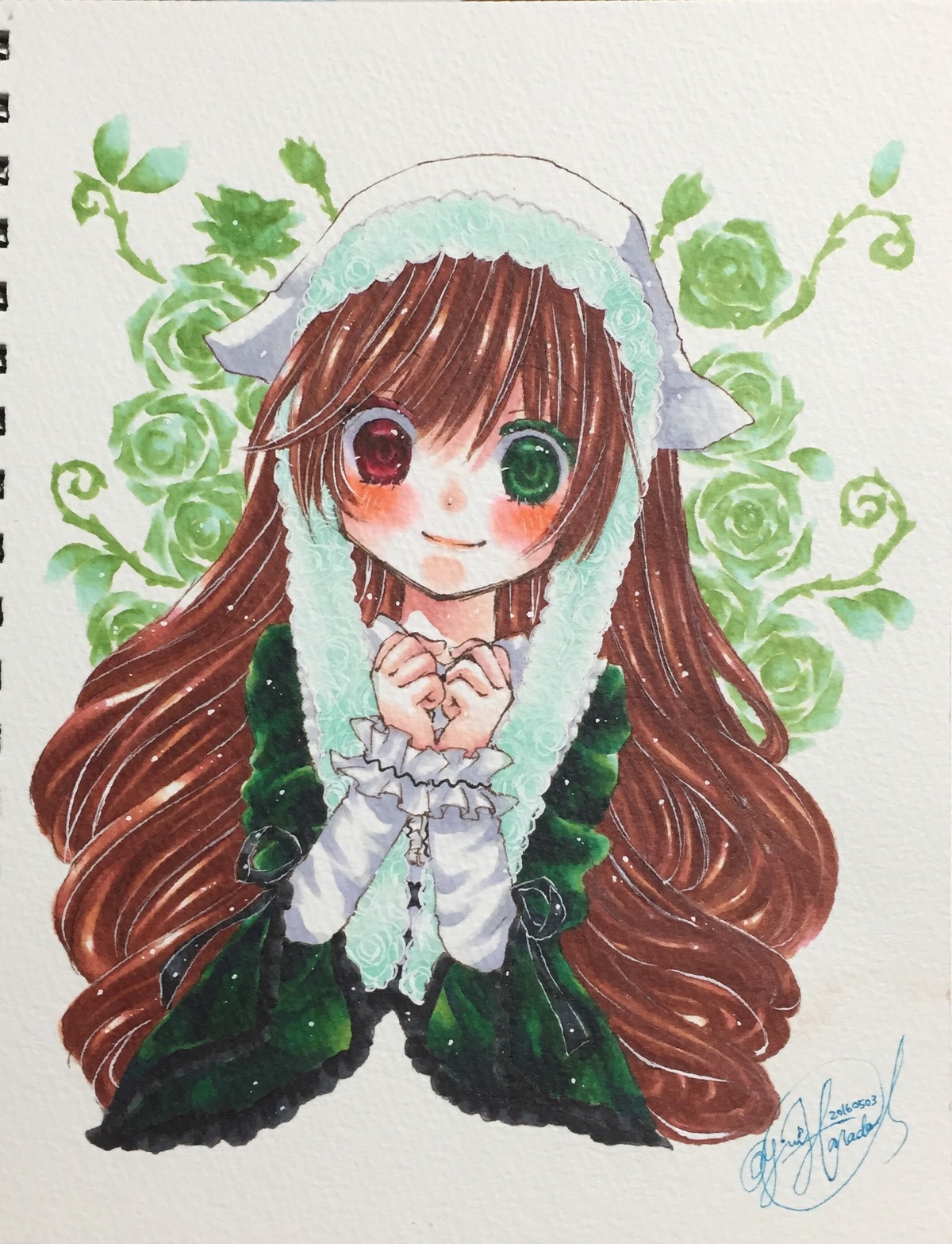 1girl artist_name blush brown_hair dress flower frills green_dress green_eyes hat head_scarf heterochromia image long_hair long_sleeves looking_at_viewer red_eyes rose signature smile solo striped suiseiseki traditional_media vertical_stripes very_long_hair watercolor_(medium)