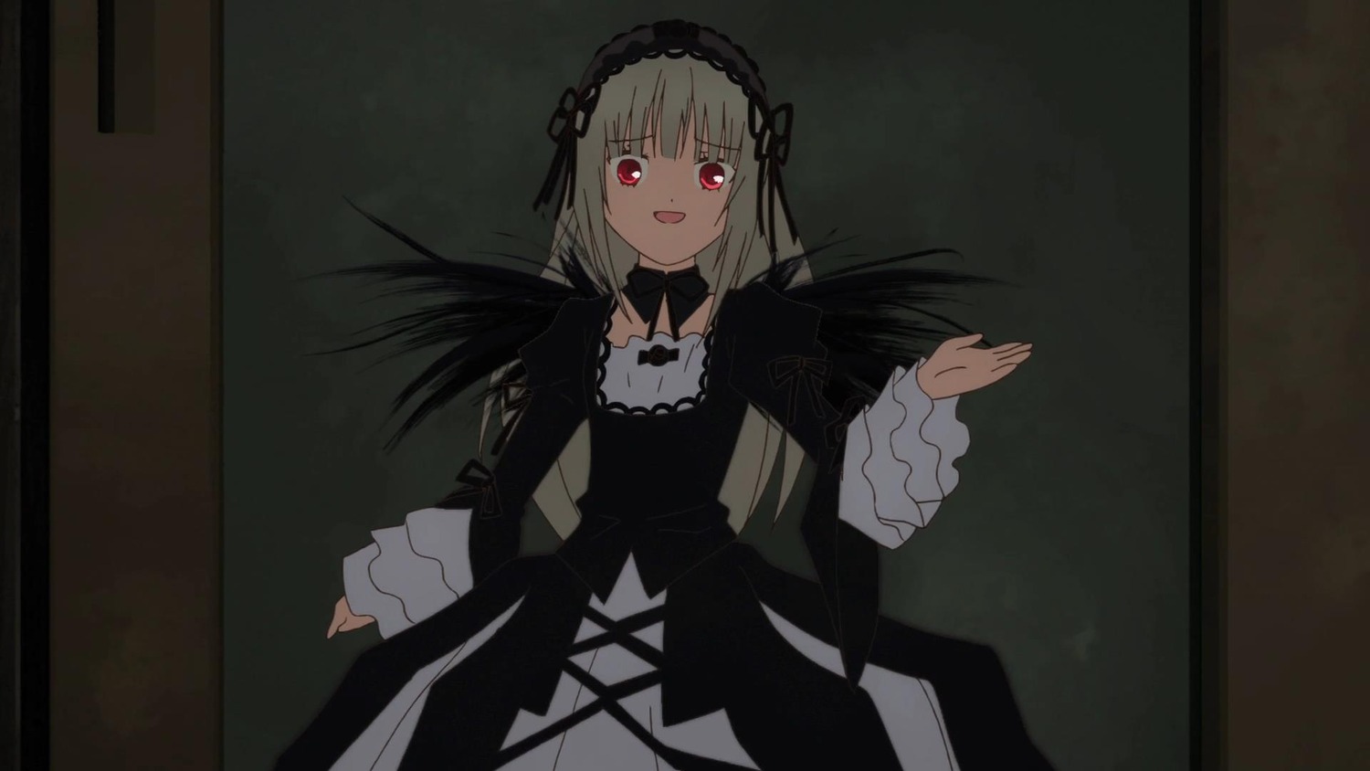 1girl :d bangs black_dress black_ribbon black_wings dress eyebrows_visible_through_hair frills hairband image juliet_sleeves long_hair long_sleeves looking_at_viewer open_mouth red_eyes ribbon silver_hair smile solo suigintou wide_sleeves wings