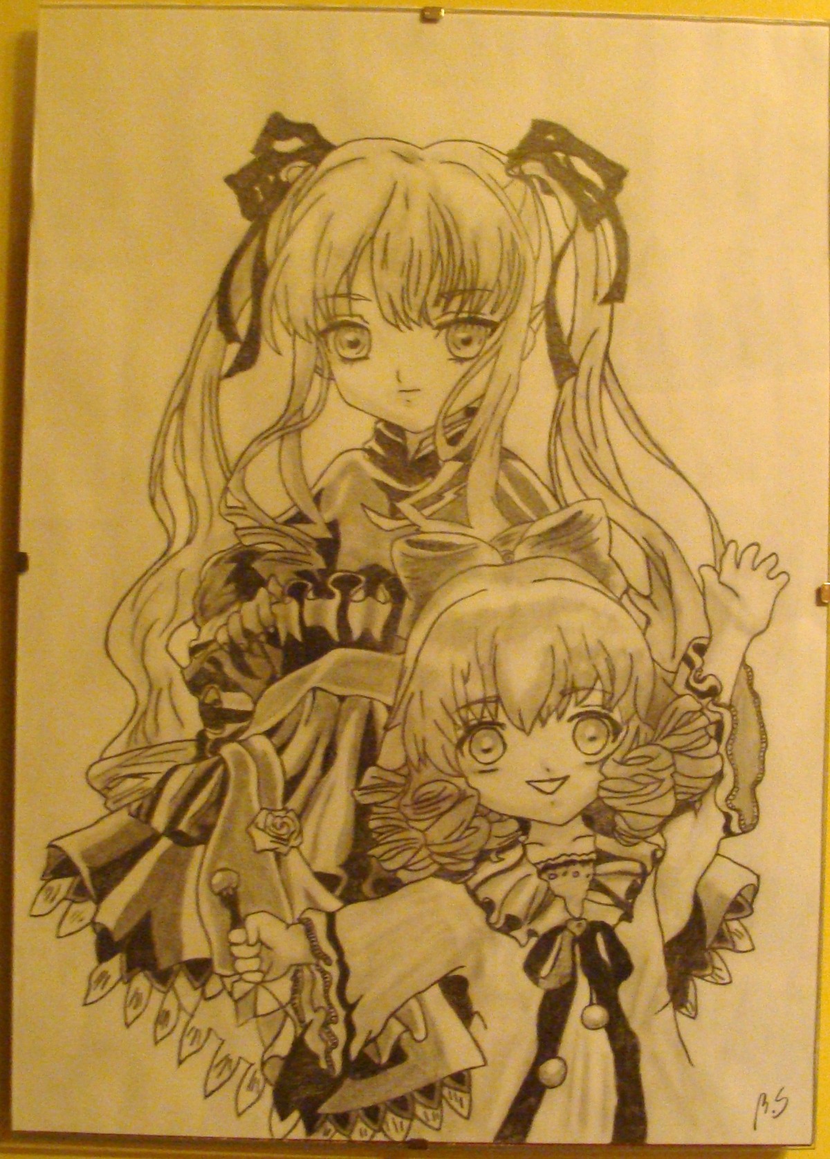 2girls bow dress drill_hair hinaichigo image long_hair long_sleeves monochrome multiple_girls open_mouth pair photo shinku short_hair smile traditional_media