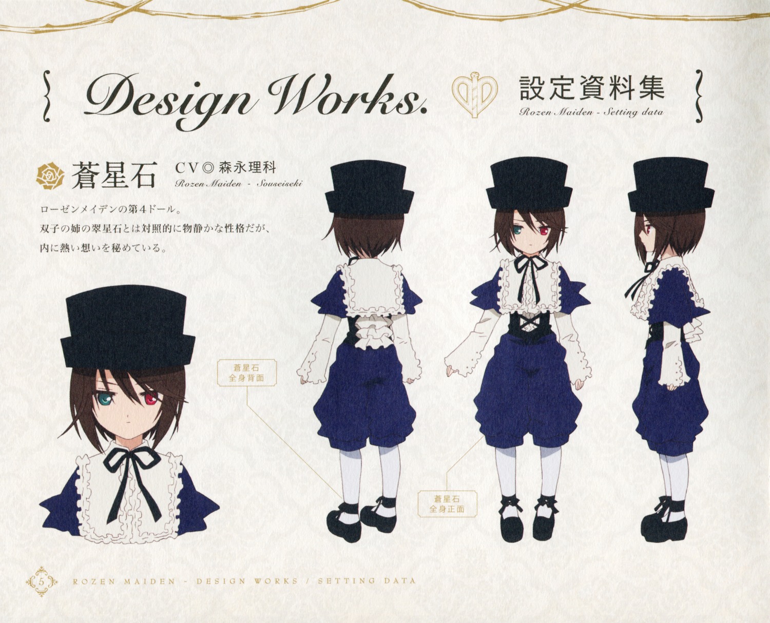 1girl blue_dress brown_hair character_sheet dress frills hat heterochromia image long_sleeves looking_at_viewer multiple_views pantyhose red_eyes ribbon short_hair solo souseiseki white_legwear