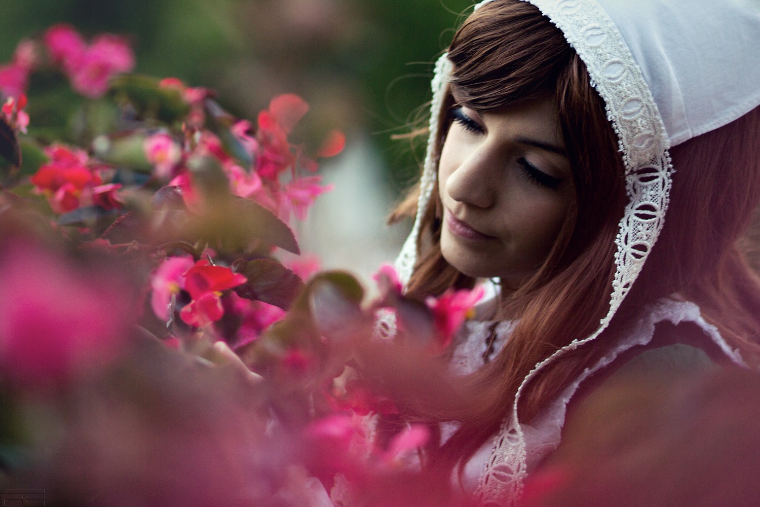 1girl blurry brown_hair closed_eyes depth_of_field dress flower lips long_hair smile solo suiseiseki