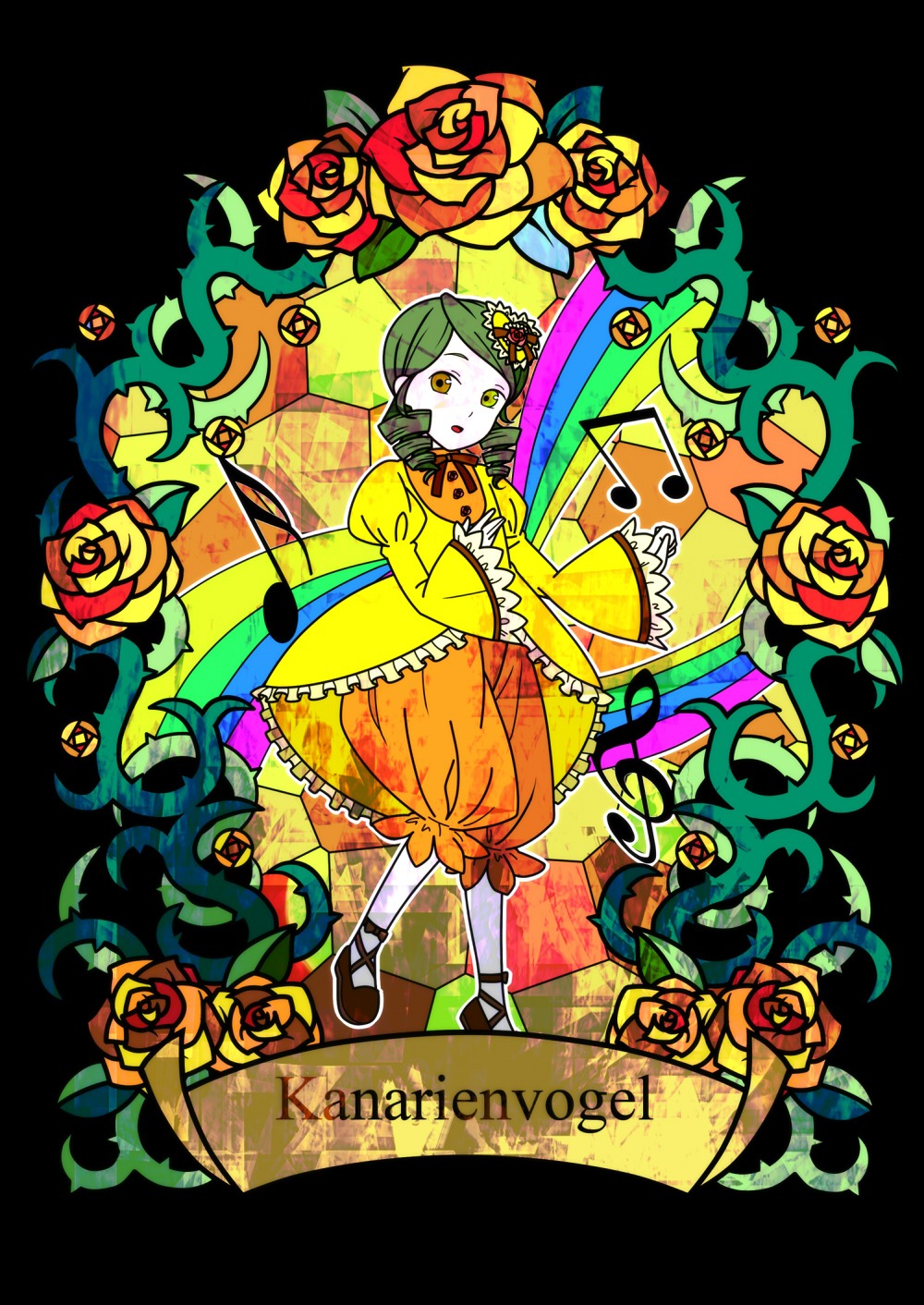 1girl beamed_eighth_notes dress eighth_note flower hair_ornament image kanaria musical_note orange_dress orange_flower plant red_flower red_rose rose short_hair solo thorns vines yellow_dress yellow_flower yellow_rose