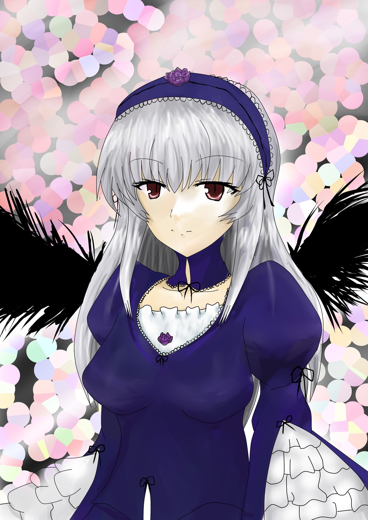 1girl auto_tagged bangs black_wings breasts dress flower frills hairband image juliet_sleeves long_hair long_sleeves looking_at_viewer puffy_sleeves silver_hair solo suigintou upper_body wings