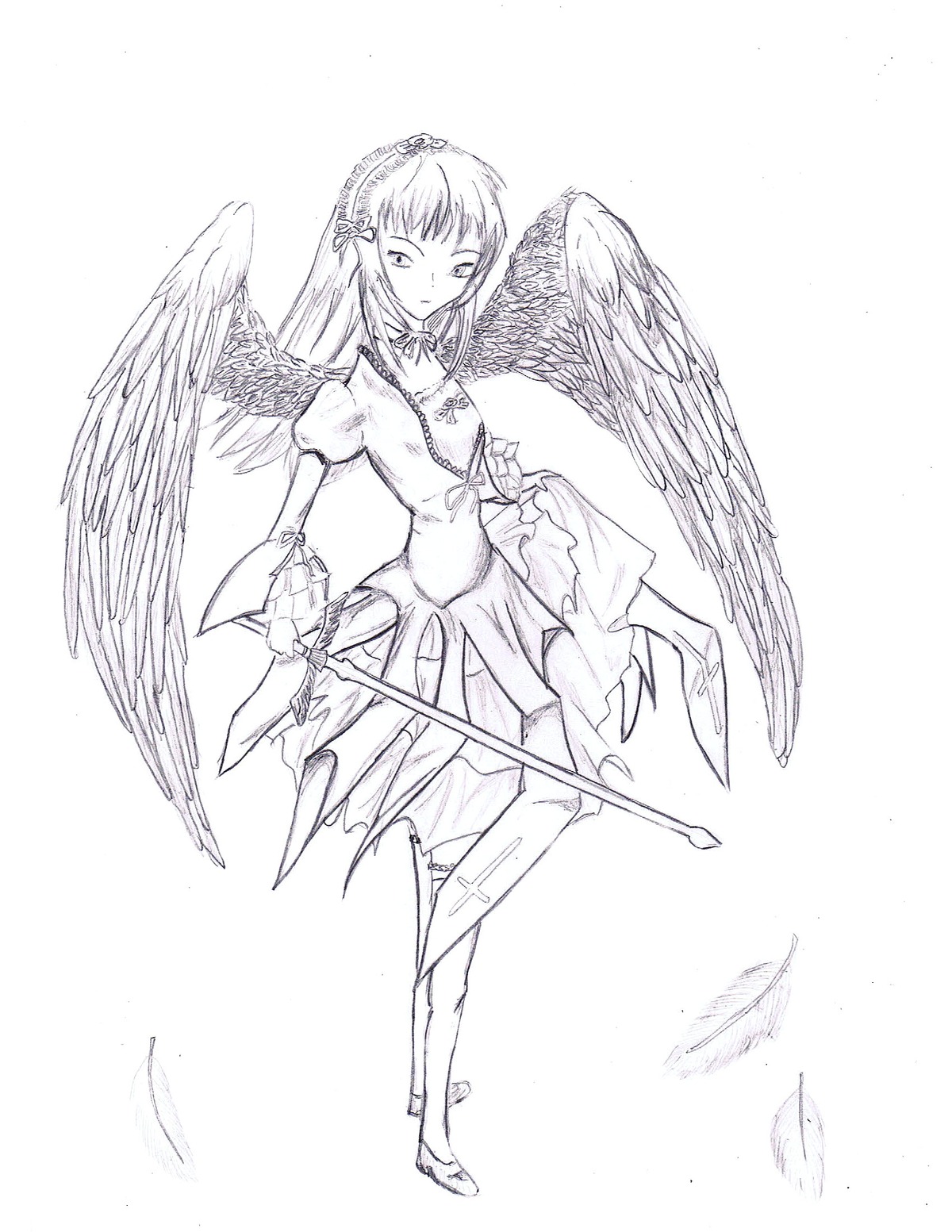 1girl angel_wings bangs closed_mouth dress eyebrows_visible_through_hair feathered_wings feathers full_body greyscale holding_weapon image long_hair long_sleeves looking_at_viewer monochrome solo standing suigintou weapon white_background wings
