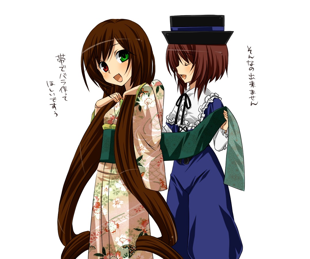 2girls :d blush brown_hair dress floral_print green_eyes hat heterochromia image japanese_clothes kimono long_hair long_sleeves multiple_girls open_mouth pair red_eyes short_hair siblings sisters smile souseiseki suiseiseki top_hat twins very_long_hair white_background