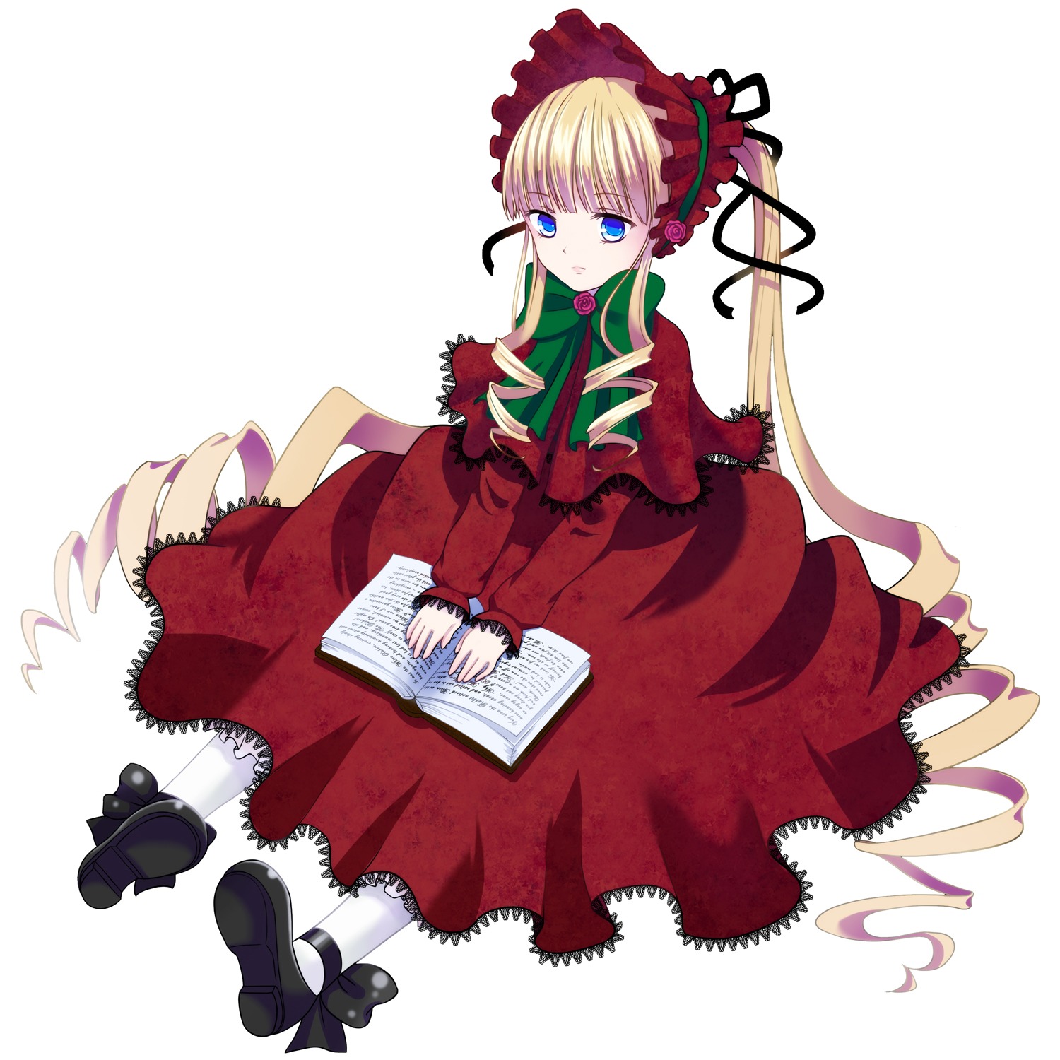 1girl black_footwear blonde_hair blue_eyes bonnet book bow bowtie dress drill_hair full_body image long_hair long_sleeves looking_at_viewer shinku shoes simple_background sitting solo twintails white_background