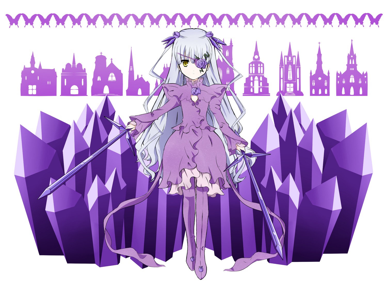 1girl barasuishou crystal dress eyepatch frills full_body hair_ribbon holding image long_hair long_sleeves looking_at_viewer pantyhose purple_dress ribbon solo standing striped two_side_up vertical_stripes