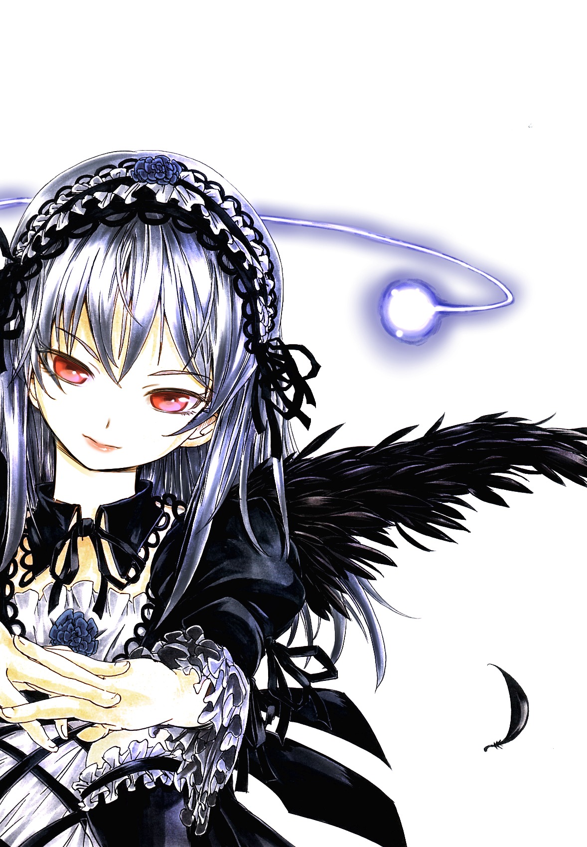 1girl black_ribbon black_wings dress feathered_wings feathers flower frills hairband image long_hair long_sleeves looking_at_viewer red_eyes ribbon rose simple_background solo suigintou upper_body white_background wings