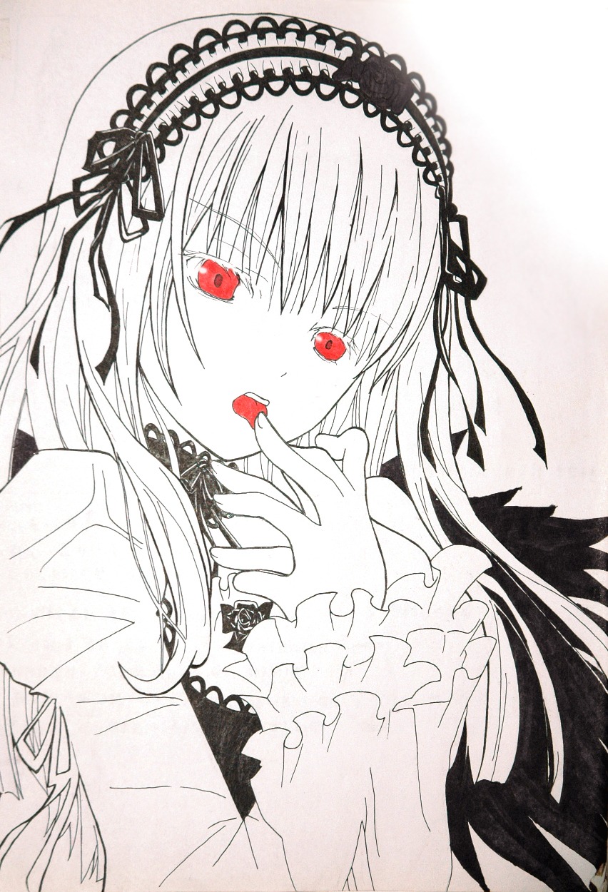 1girl auto_tagged bangs black_wings dress eyebrows_visible_through_hair frills hair_between_eyes hairband image long_hair long_sleeves looking_at_viewer red_eyes ribbon simple_background solo suigintou tongue tongue_out traditional_media upper_body wings