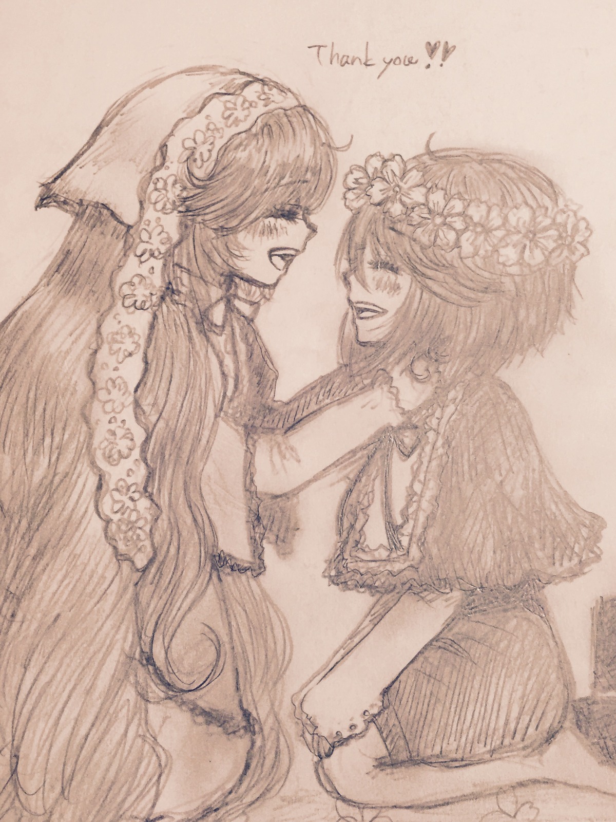 2girls blush dress flower image long_hair monochrome multiple_girls pair short_hair smile souseiseki suiseiseki traditional_media yuri