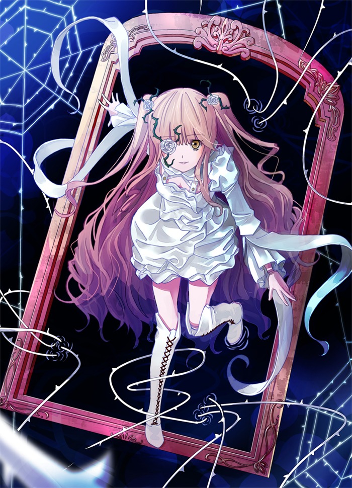 1girl boots bow cross-laced_footwear dress hair_ornament image kaname_madoka kirakishou long_hair one_eye_closed pink_hair ribbon solo thighhighs two_side_up ultimate_madoka very_long_hair weapon white_dress yellow_eyes