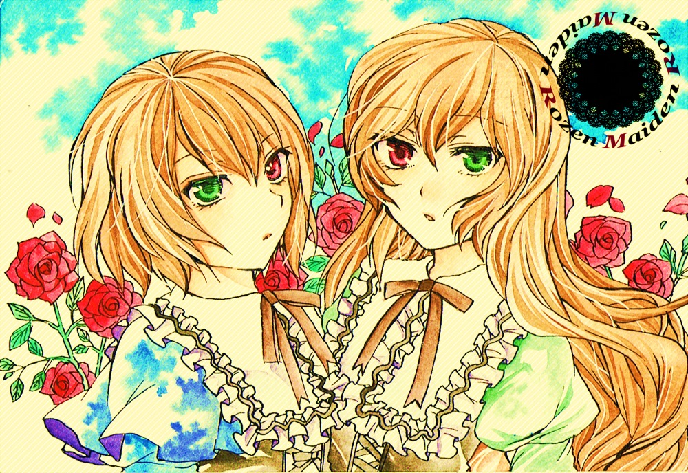 2girls blonde_hair blue_rose flower green_eyes heterochromia image long_hair multiple_girls pair petals pink_flower pink_rose purple_rose red_eyes red_flower red_rose rose rose_petals short_hair siblings souseiseki suiseiseki thorns traditional_media white_rose yellow_flower yellow_rose