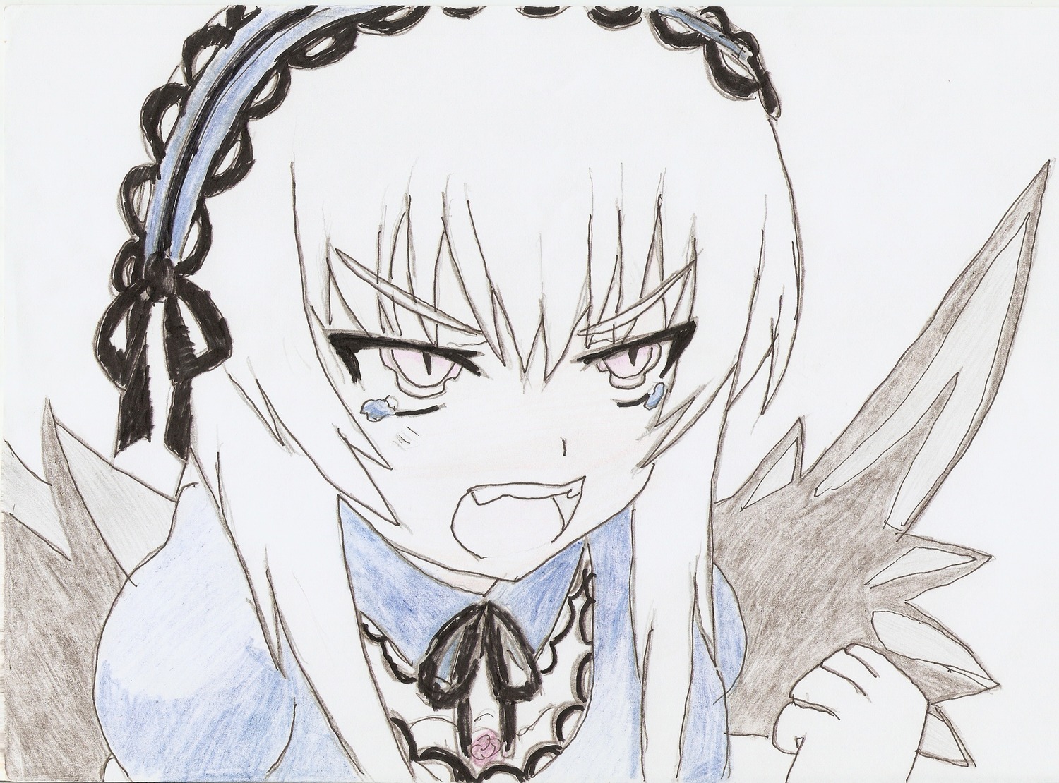 1girl bangs black_wings dress eyebrows_visible_through_hair flower frills hairband image long_hair long_sleeves open_mouth ribbon rose simple_background solo suigintou tears teeth traditional_media upper_body white_background wings