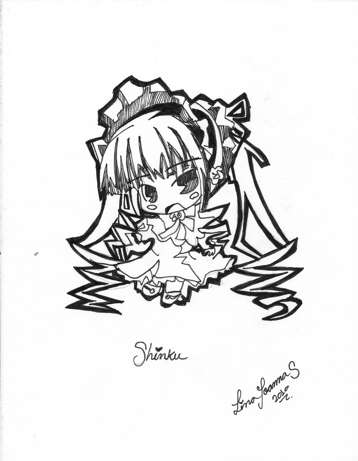 1girl blush chibi dress greyscale image long_hair long_sleeves looking_at_viewer monochrome open_mouth shinku simple_background solo tears twintails white_background