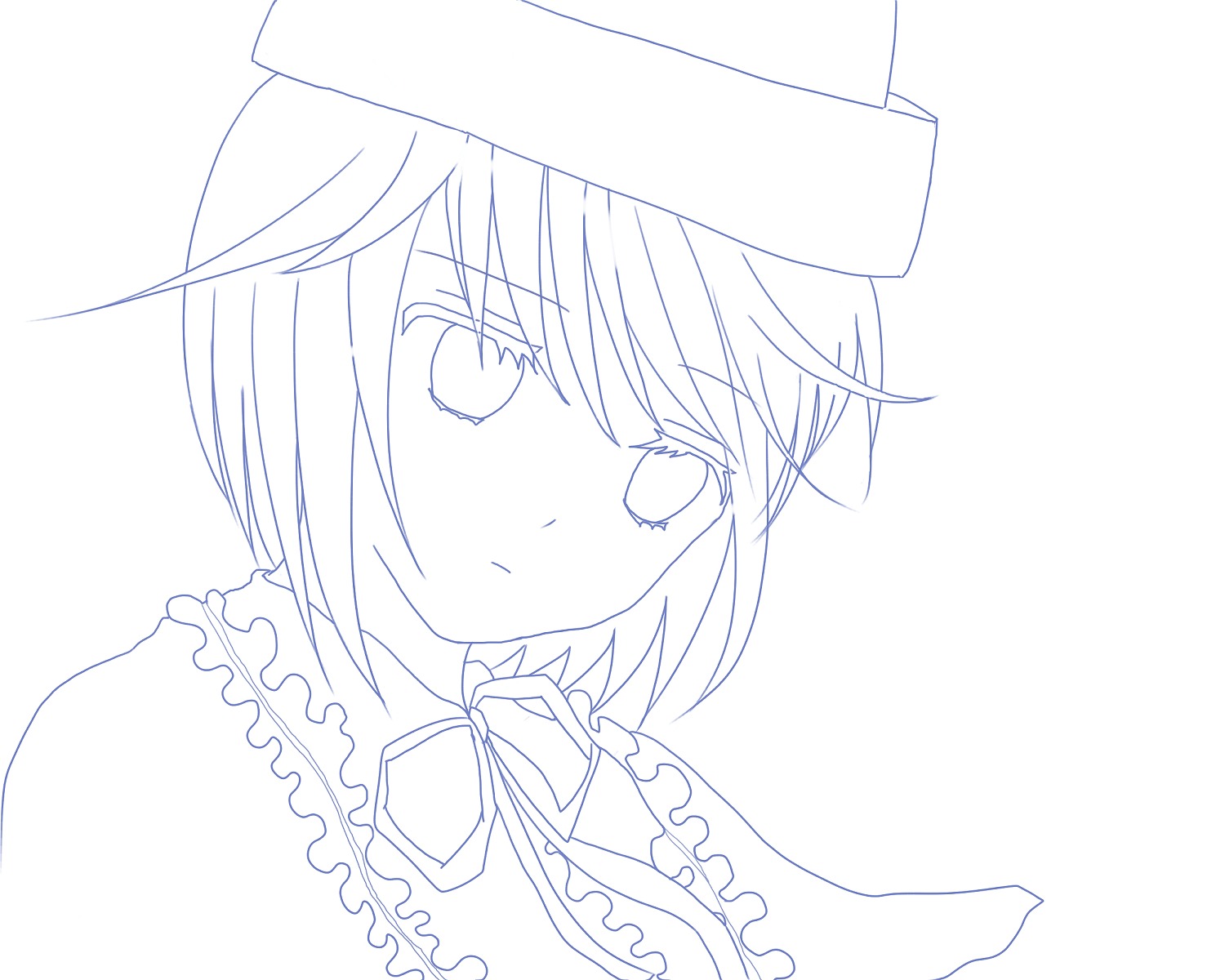 1girl bangs blush closed_mouth eyebrows_visible_through_hair frills hair_between_eyes hat image lineart looking_at_viewer monochrome short_hair solo souseiseki striped vertical_stripes