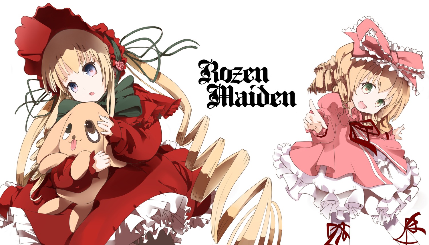 2girls blonde_hair bonnet bow dress drill_hair frills hina_ichigo hinaichigo image long_hair long_sleeves looking_at_viewer multiple_girls open_mouth pair ribbon shinku