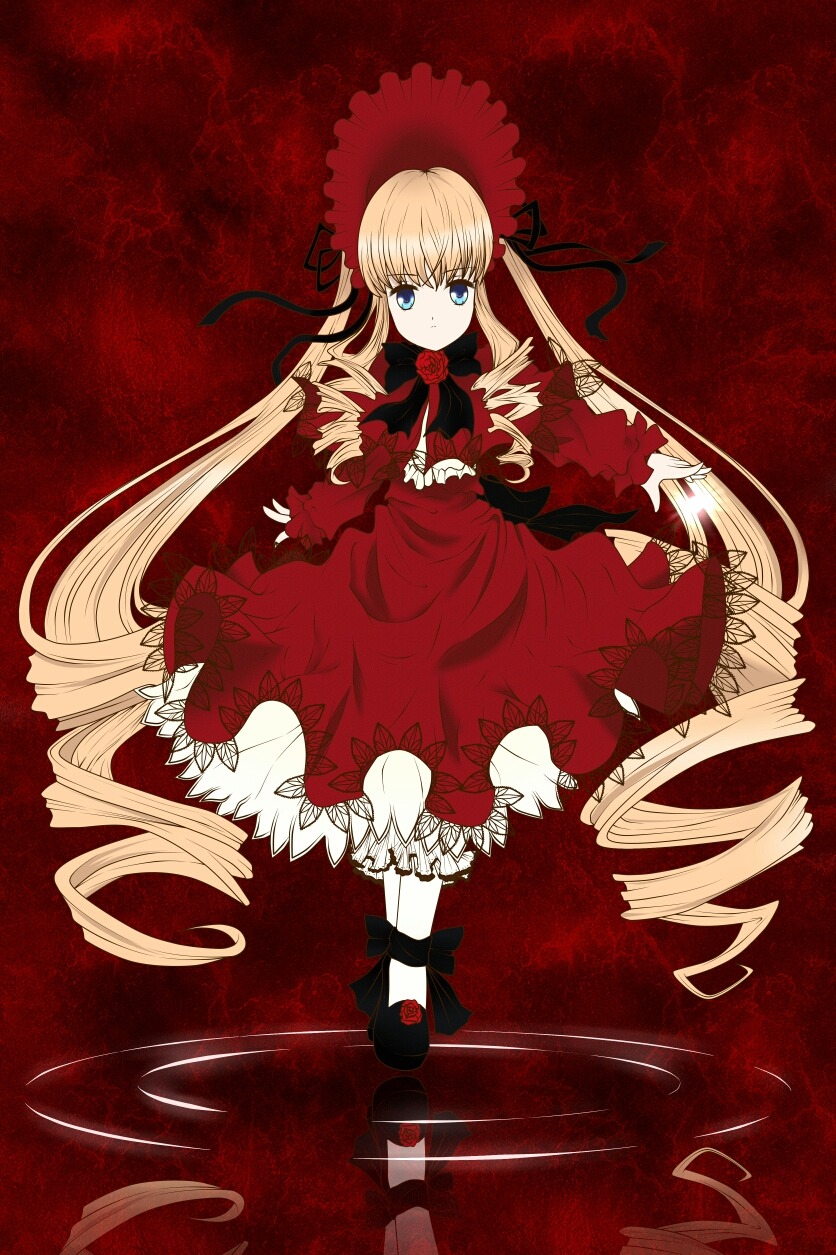 1girl blonde_hair blue_eyes bow dress drill_hair flower frills full_body image long_hair long_sleeves looking_at_viewer red_dress ribbon ringlets rose shinku solo twin_drills twintails very_long_hair