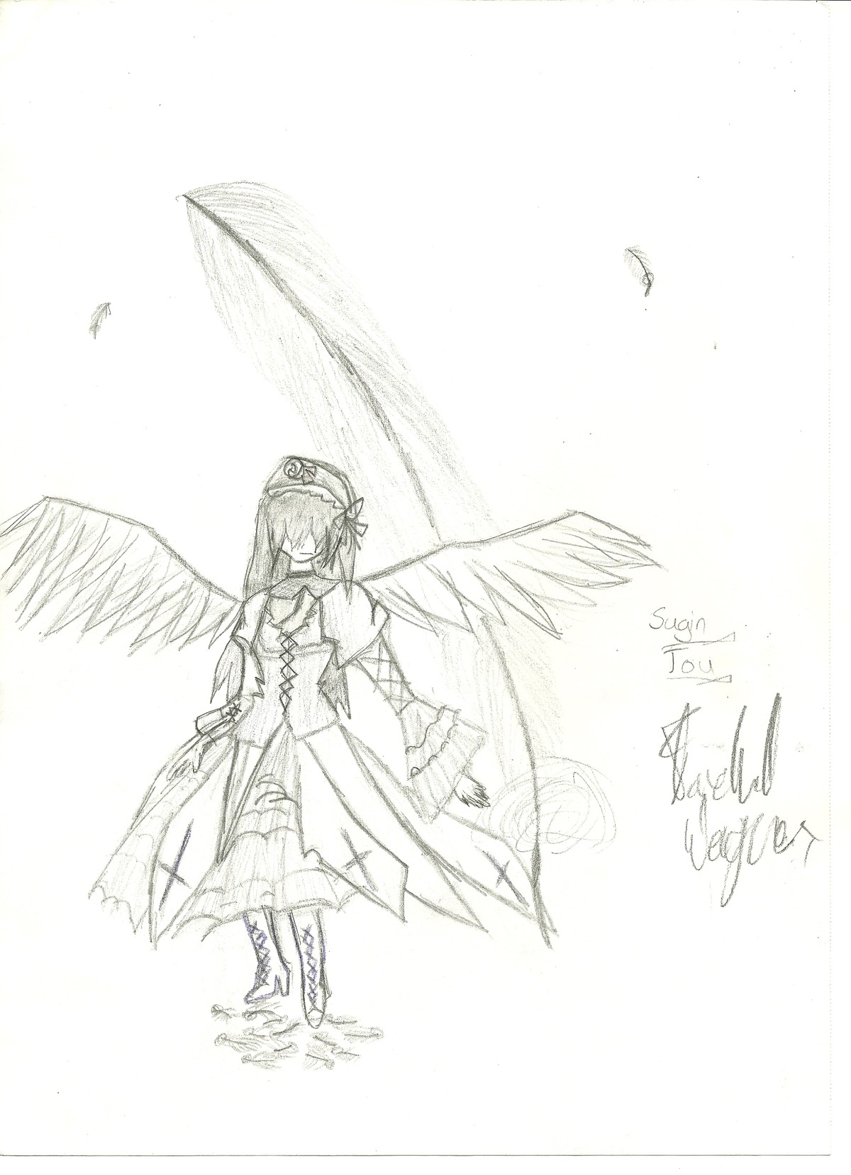 1girl bird boots feathers greyscale hat image long_hair long_sleeves monochrome solo standing striped suigintou wings