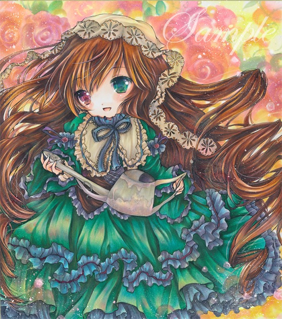 1girl brown_hair dress frills green_dress green_eyes heterochromia image lolita_fashion long_hair long_sleeves looking_at_viewer marker_(medium) open_mouth red_eyes ribbon smile solo suiseiseki traditional_media very_long_hair watercolor_(medium)