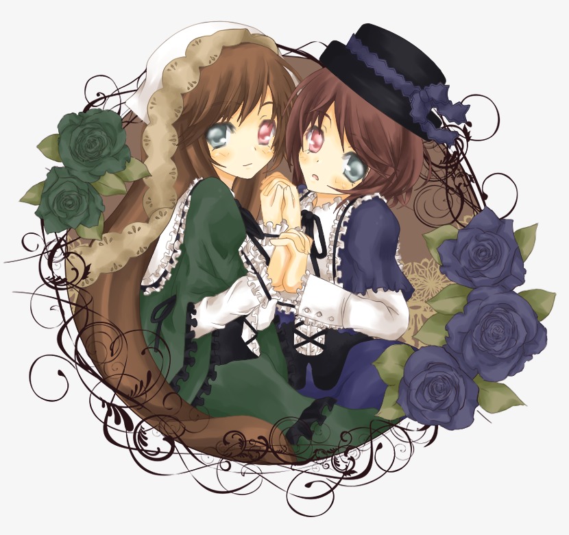 2girls blue_flower blue_rose brown_hair dress flower frills green_dress hat heterochromia holding_hands image interlocked_fingers long_hair long_sleeves looking_at_viewer multiple_girls pair purple_rose red_eyes rose short_hair siblings sisters souseiseki suiseiseki twins yellow_rose