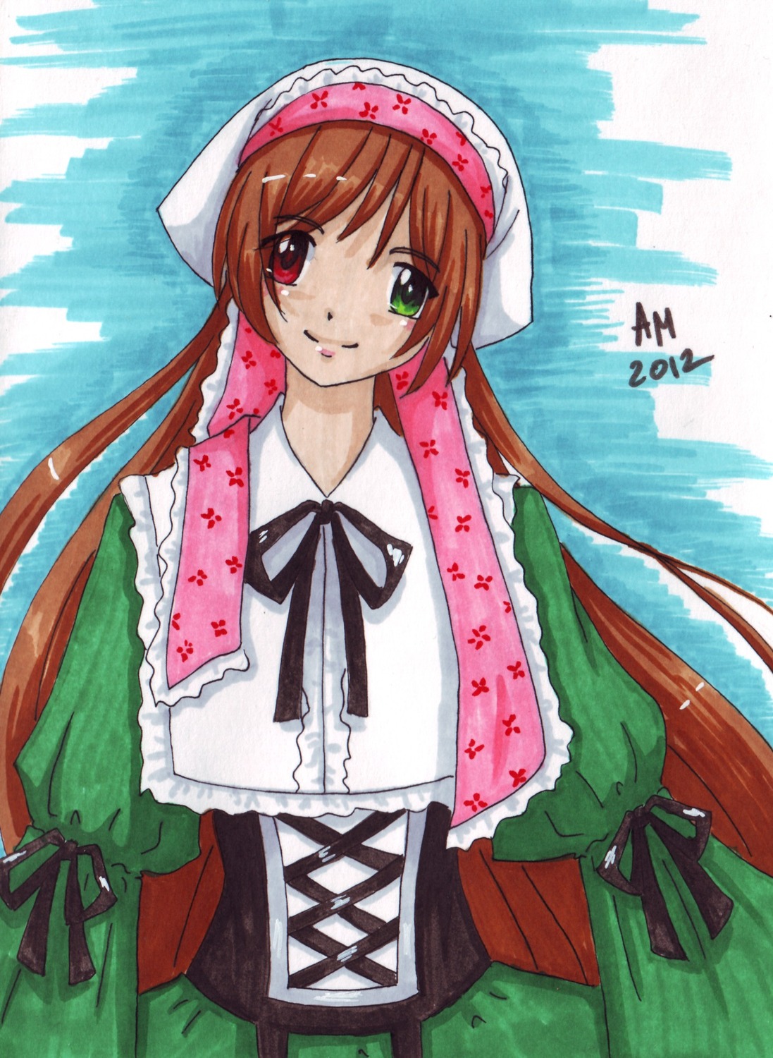 1girl auto_tagged brown_hair dress frills green_dress green_eyes hat head_scarf heterochromia image long_hair long_sleeves looking_at_viewer red_eyes smile solo suiseiseki very_long_hair