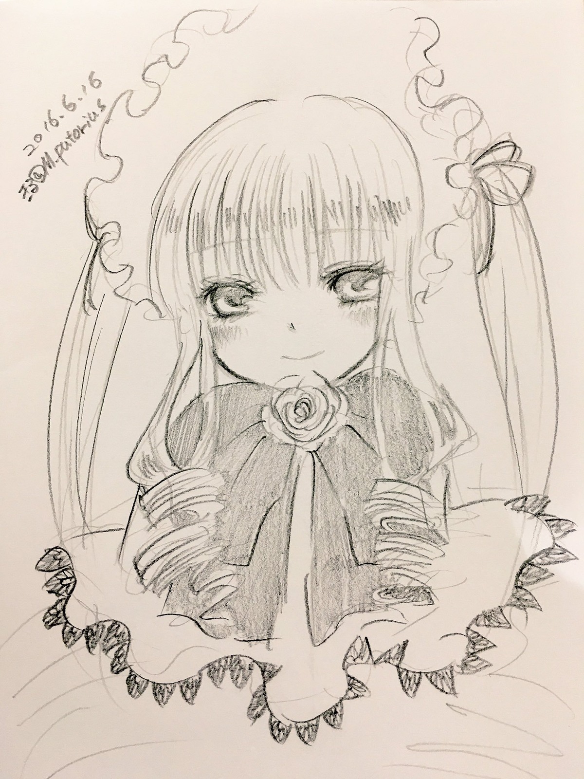 1girl bangs blush dated dress drill_hair flower frills image long_hair long_sleeves looking_at_viewer monochrome mouth_hold photo rose shinku simple_background smile solo traditional_media twin_drills upper_body