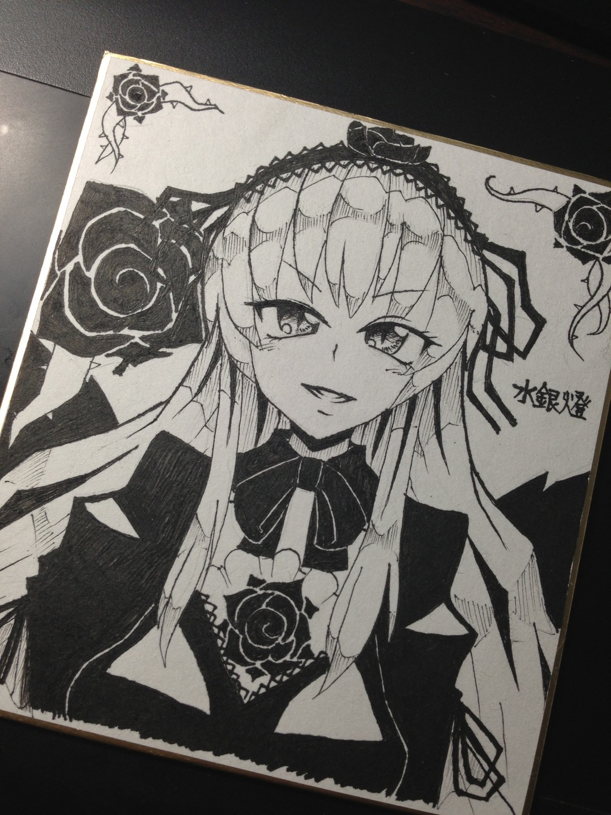 1girl dress flower gothic_lolita greyscale hairband image lolita_fashion long_hair looking_at_viewer monochrome rose smile solo suigintou traditional_media upper_body