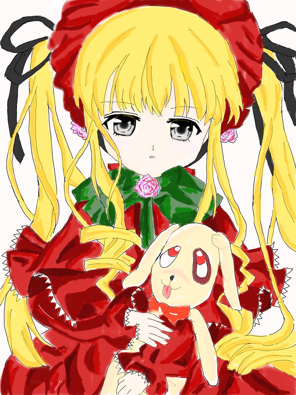 1girl blonde_hair blue_eyes blush bonnet bow dress green_bow image long_hair long_sleeves looking_at_viewer red_dress rose shinku solo twintails very_long_hair