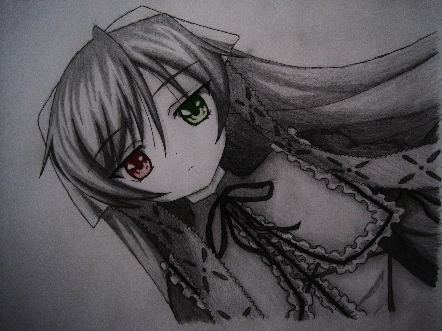 1girl closed_mouth dress expressionless eyebrows_visible_through_hair frills green_eyes greyscale heterochromia image long_hair looking_at_viewer monochrome red_eyes ribbon simple_background solo suiseiseki traditional_media upper_body