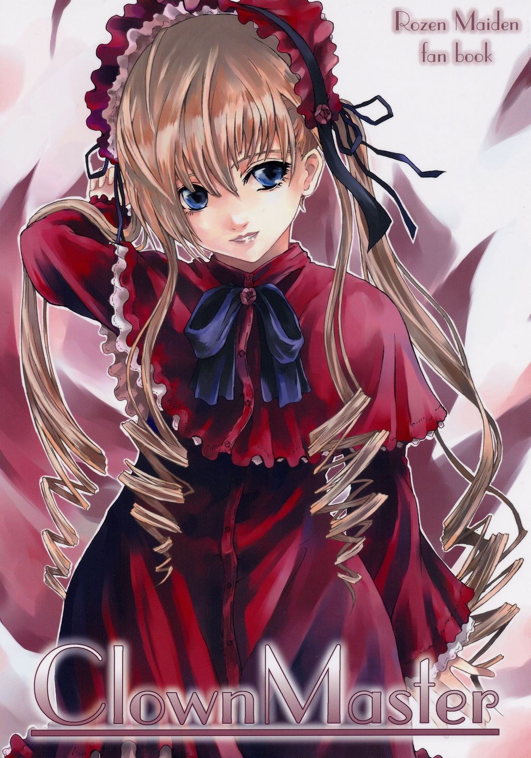 1girl blonde_hair blue_eyes bow copyright_name dress drill_hair english_text frills image long_hair long_sleeves looking_at_viewer red_dress shinku solo twin_drills twintails