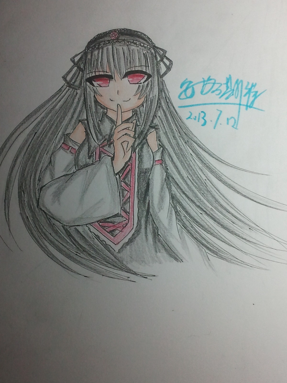 1girl bare_shoulders detached_sleeves dress finger_to_mouth hairband image long_hair long_sleeves looking_at_viewer red_eyes simple_background smile solo suigintou traditional_media upper_body very_long_hair wide_sleeves