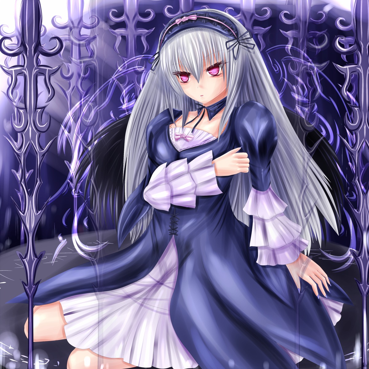 1girl breasts dress flower frills hairband image lolita_hairband long_hair long_sleeves looking_at_viewer pink_eyes ribbon rose silver_hair solo suigintou weapon wings