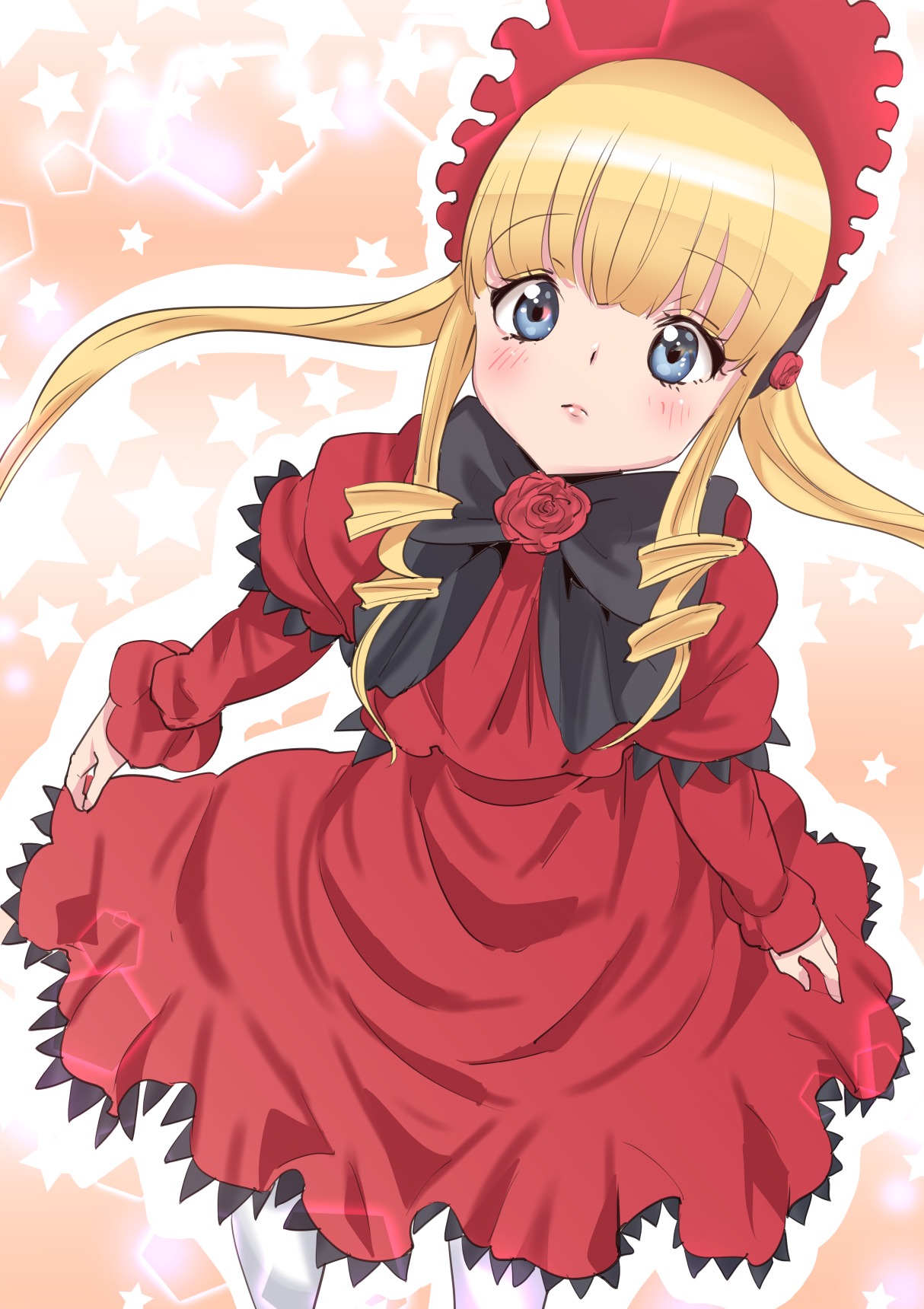 1girl bangs blonde_hair blue_eyes blush bonnet bow bowtie capelet dress drill_hair eyebrows_visible_through_hair flower image long_hair long_sleeves looking_at_viewer pantyhose red_dress rose shinku sidelocks solo star_(symbol) starry_background twintails white_legwear